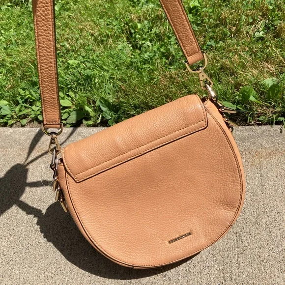 Rebecca Minkoff Tan Pebbeled Leather Saddle Bag Studded Crossbody Purse - Picture 4 of 17